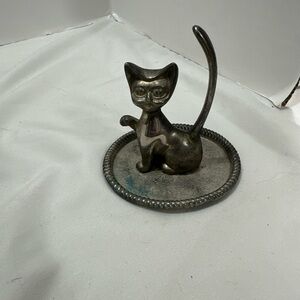 VINTAGE Silver Plated Cat Kitty Figurine Ring And Holder Jewelry Trinket Dish